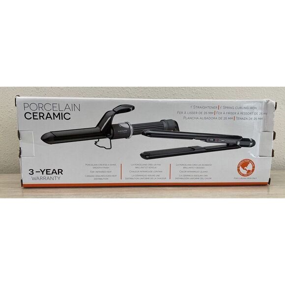 BaByliss PRO Porcelain Ceramic 1” Flat Straightener & 1” Spring Curling Iron SET - Picture 3 of 7